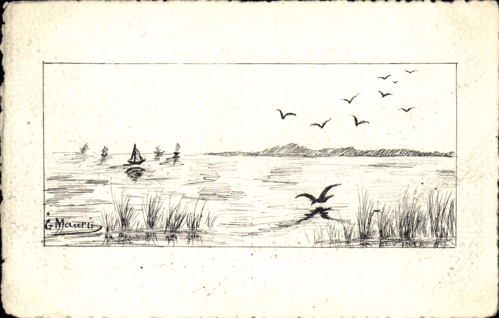 Vue de lac avec voiliers — dessin de G. Maurin — éditeur non visible