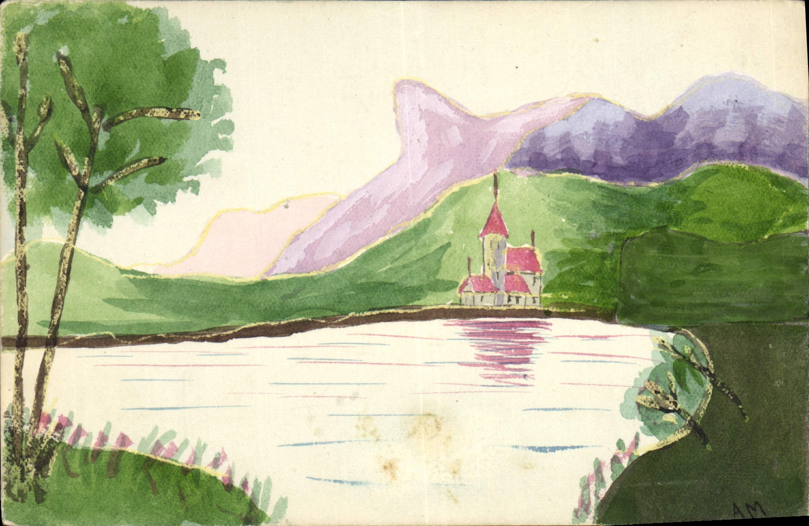 Lac de Bled — château sur l'eau — dessin à l'aquarelle — AM