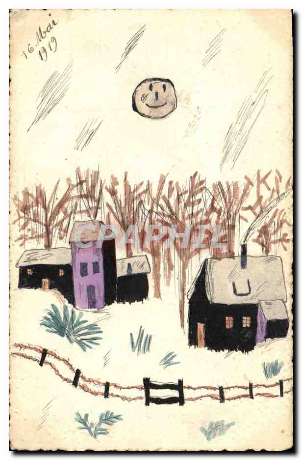 Village enneigé — dessin enfantin — daté 16 Mai 1919