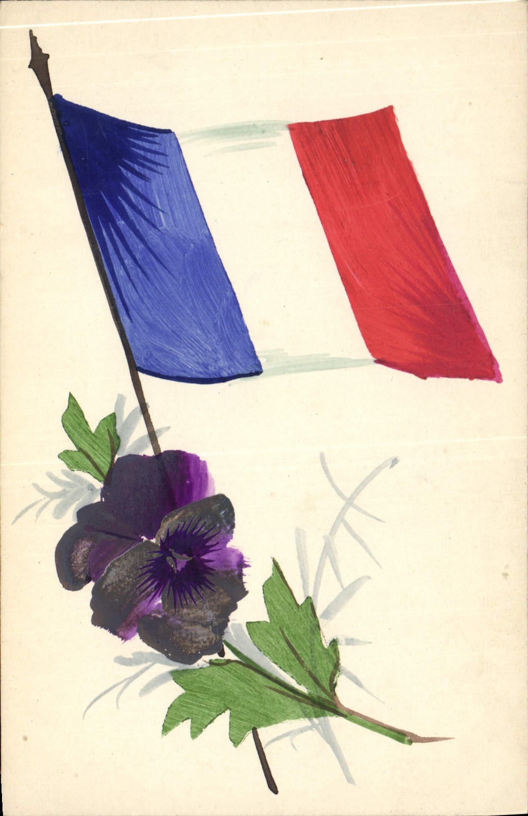 Drapeau français — fleur de pensée violette — carte postale non éditée
