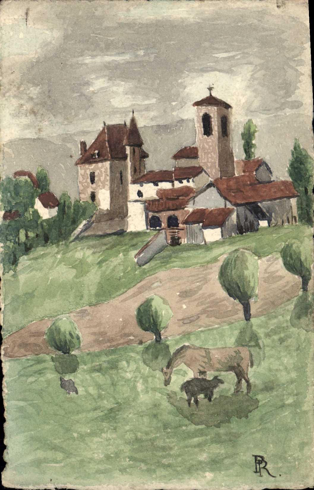 Vista de Peciny (Peciny) — pueblo con iglesia y animales — dibujo firmado PR