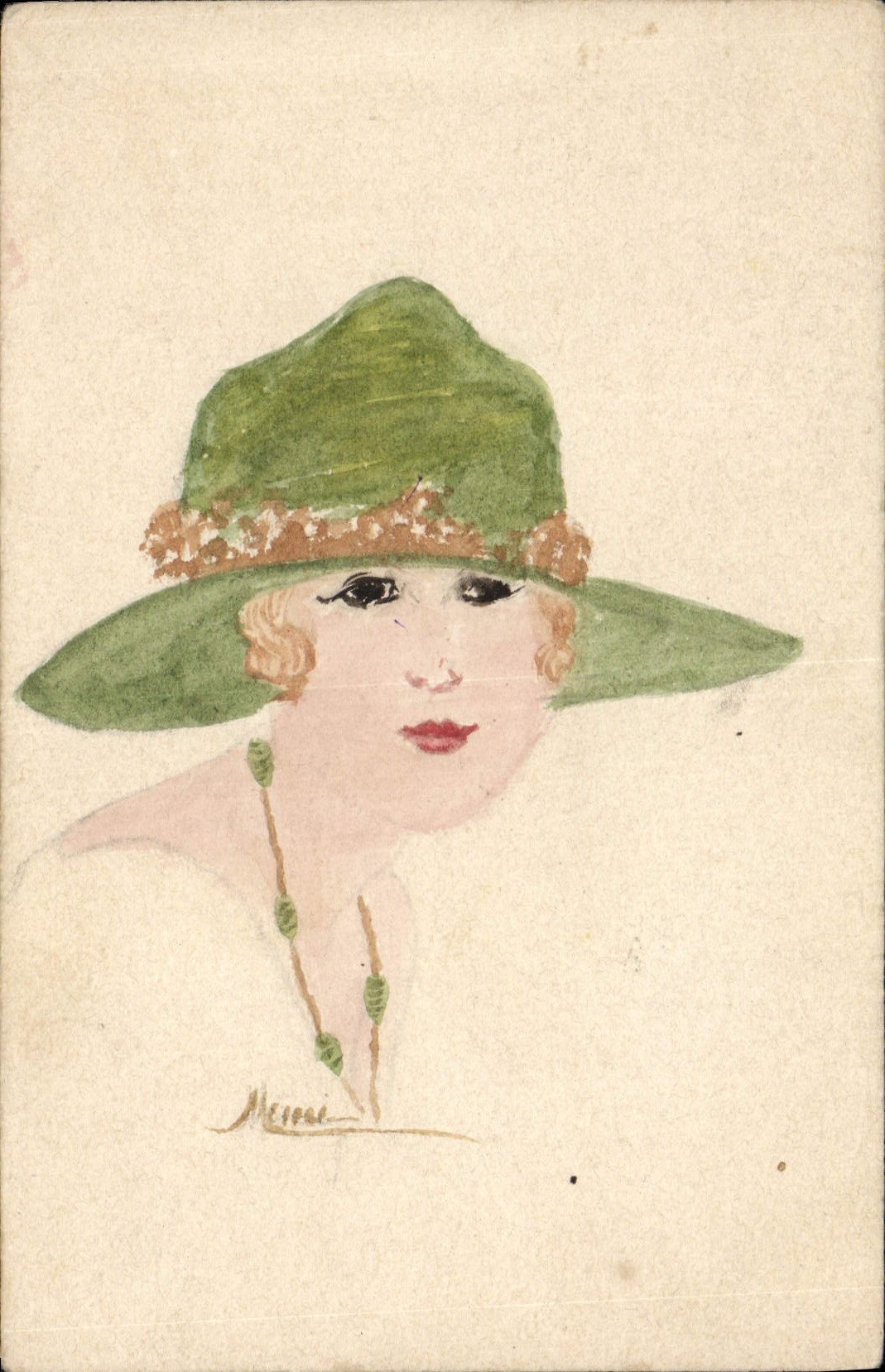 Femme en chapeau vert — illustration artistique — signée 'Mercier'