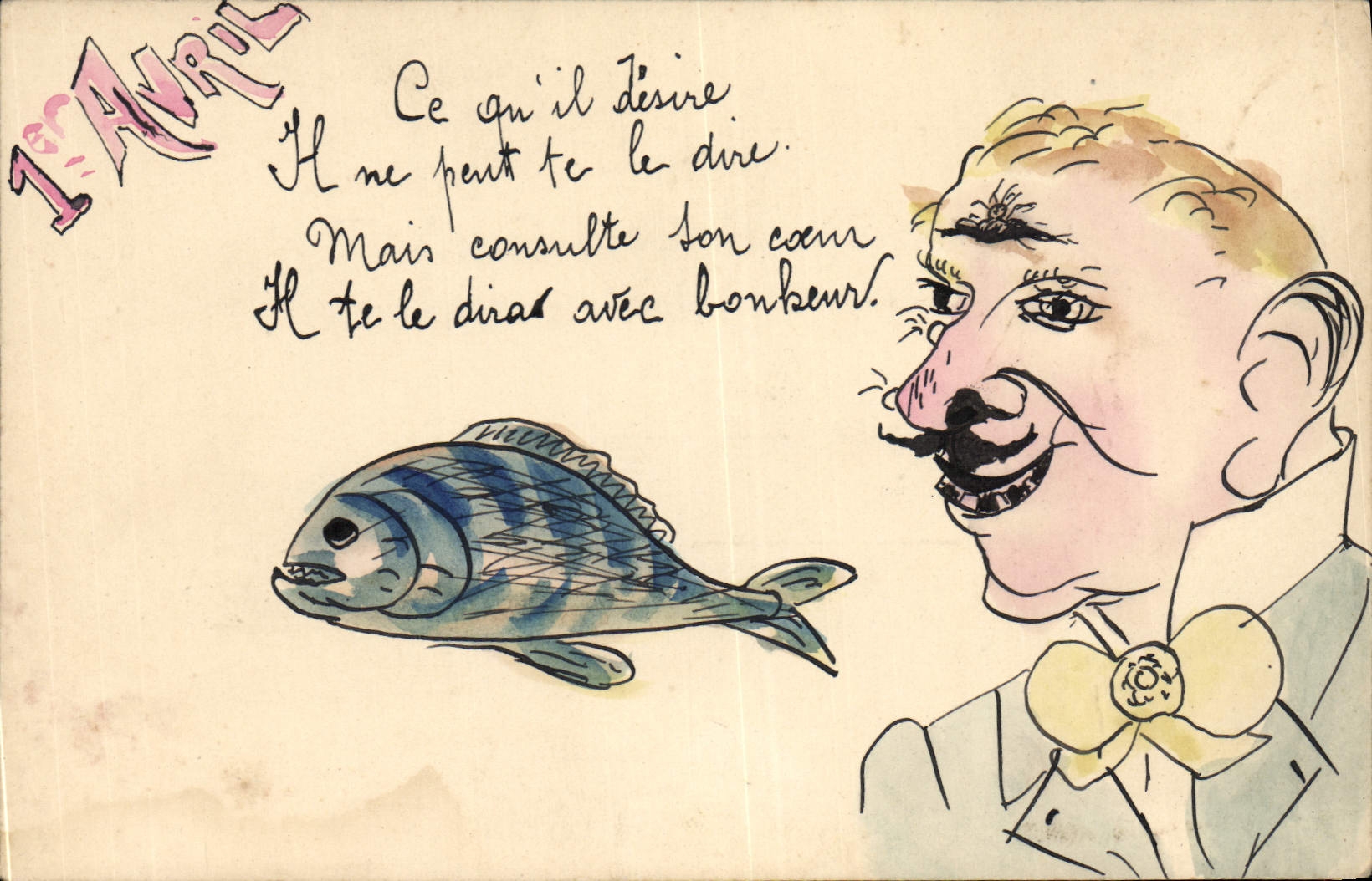1er Avril — Poème humoristique avec poisson et homme à moustache — Carte postale française