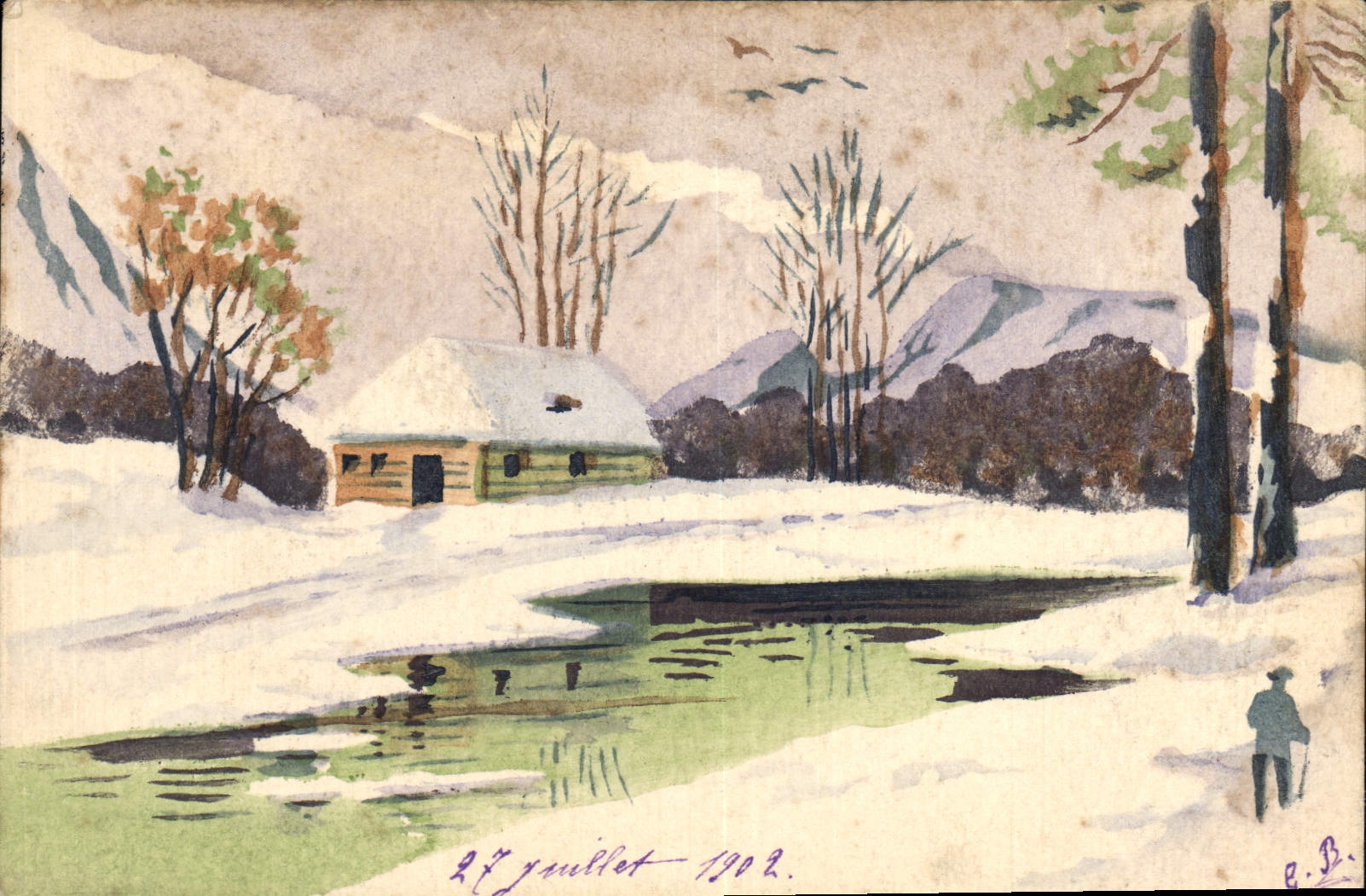 Paysage hivernal avec cabane — dessin à l'aquarelle — B. B. — daté 27 juillet 1902