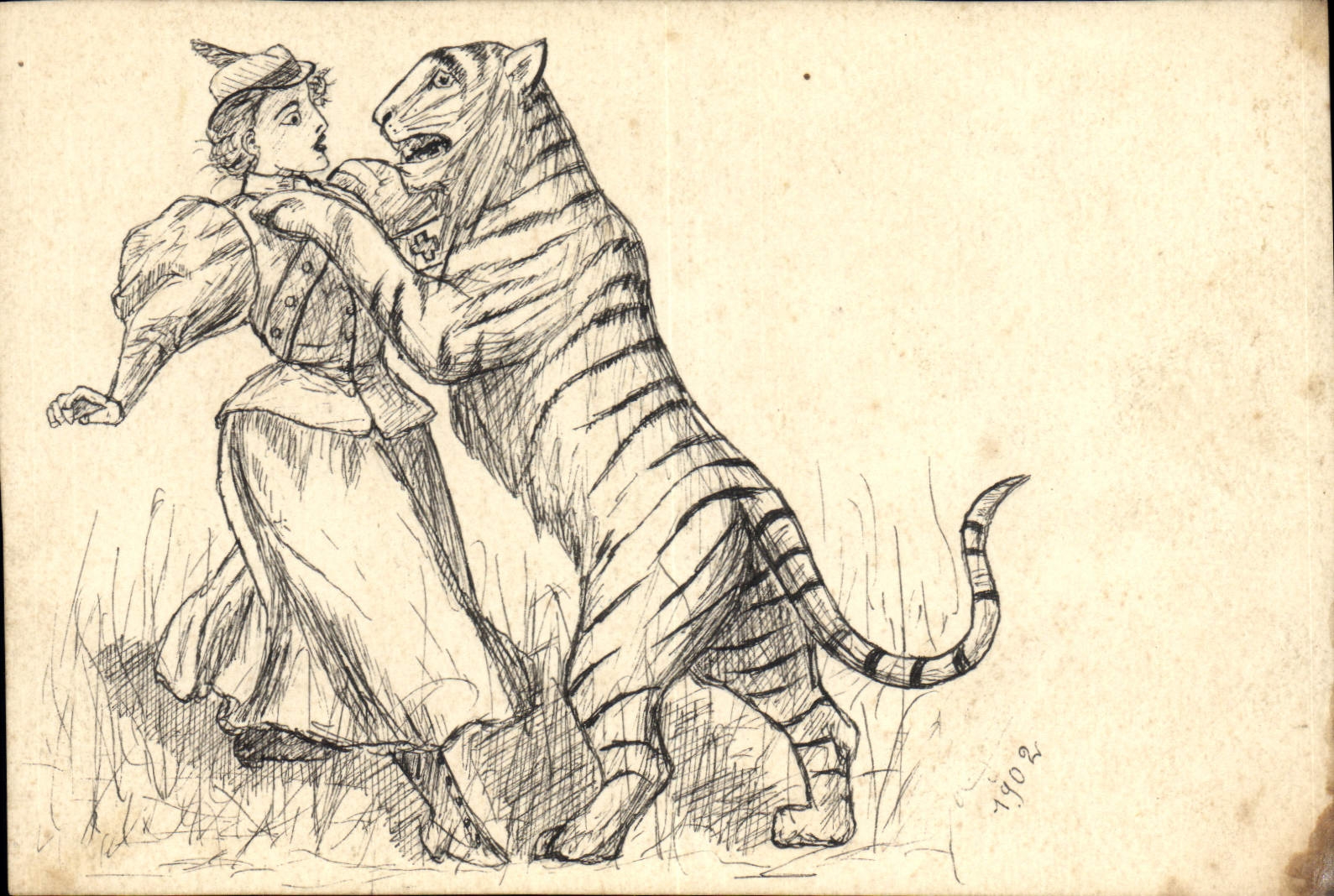 Femme et tigre — dessin à l'encre — CPAPHIL n° III