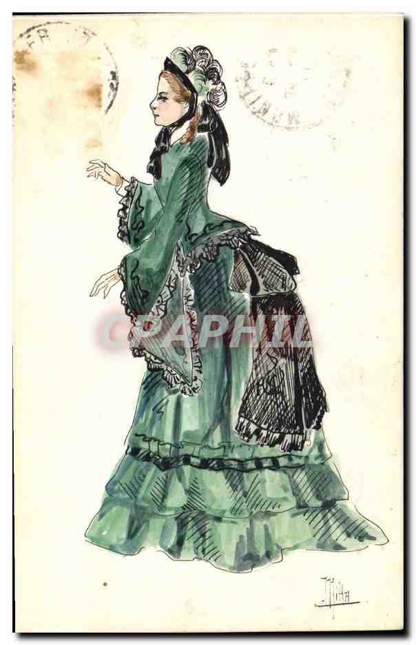 Femme en robe verte — style XIXe siècle — dessin de J. Pilla