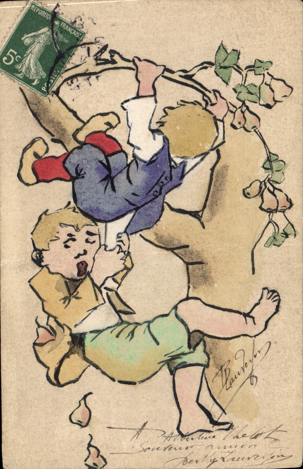 Deux enfants jouant à l'arbre — dessin de B. Laurens — éditeur non visible