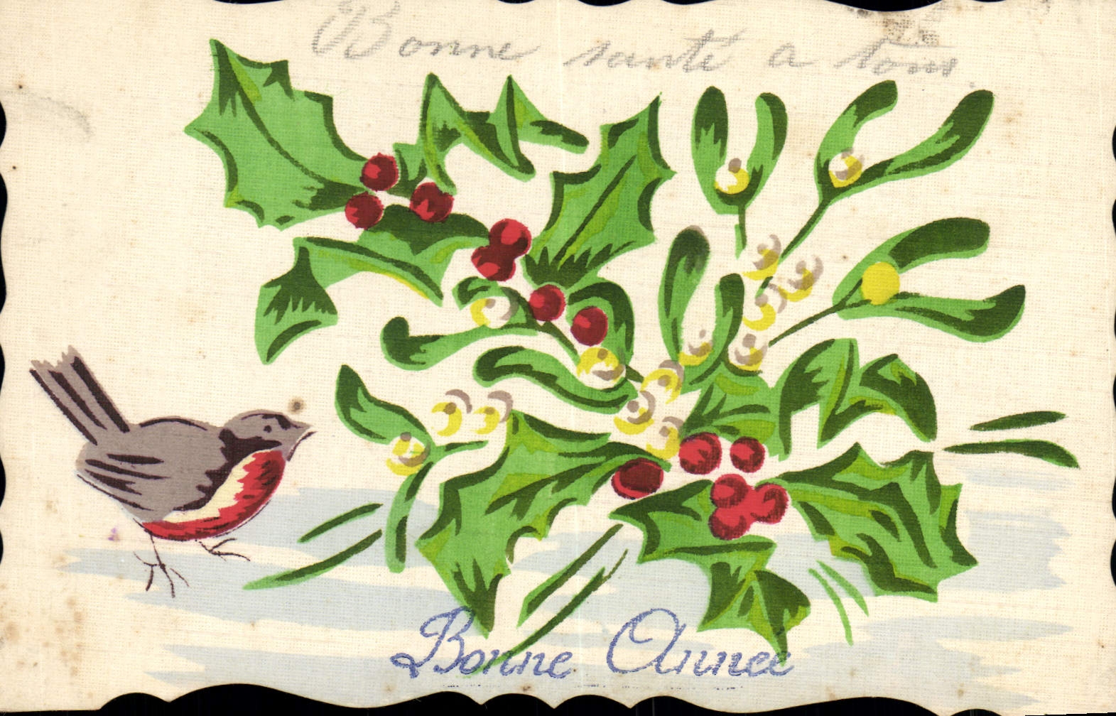 Bouquet de houx et oiseau — carte de vœux de fin d'année — éditeur non identifié