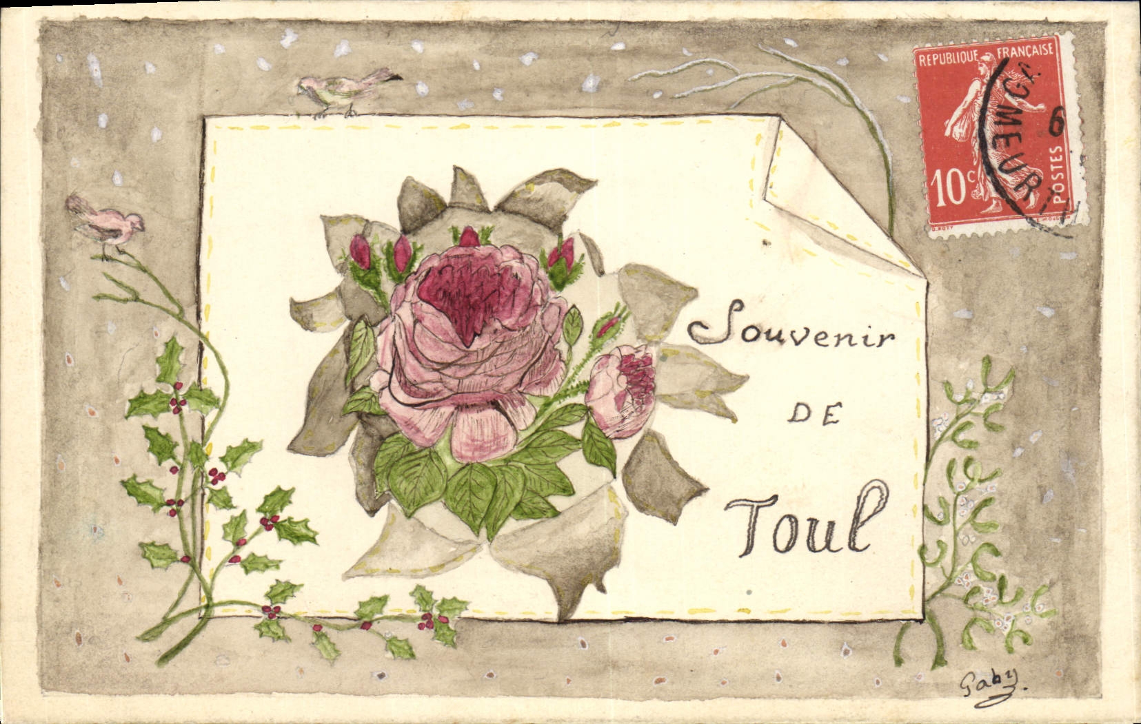 Souvenir de Toul — dessin de fleurs et oiseaux — signé Baby