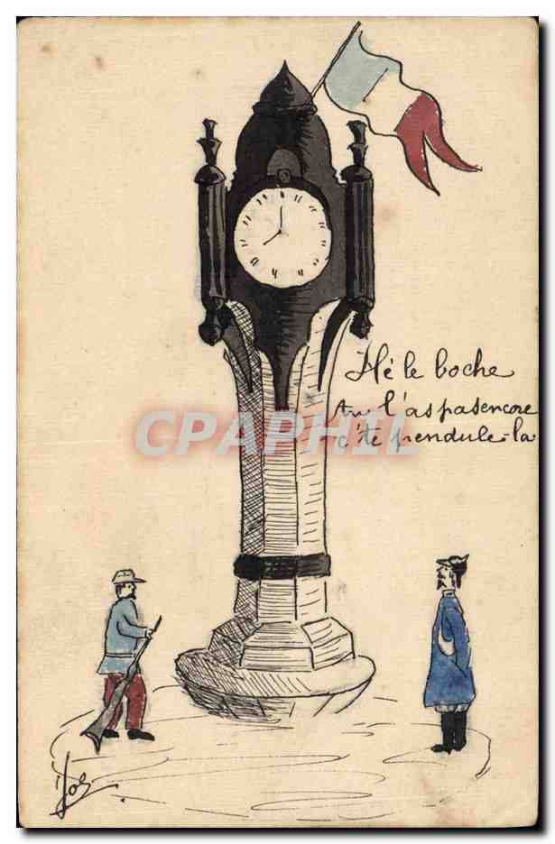 Horloge de la gare — caricature militaire — dessiné par J. O.