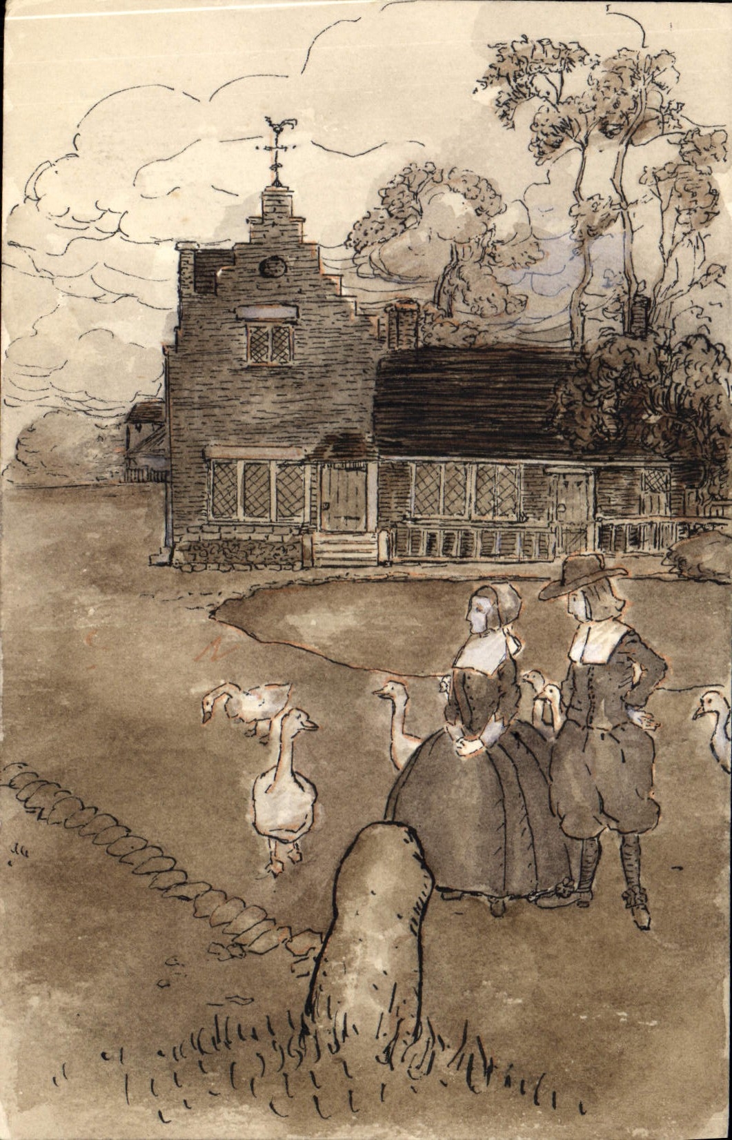 Scène de village avec deux personnages et canards — dessin à l'encre et aquarelle — éditeur non visible