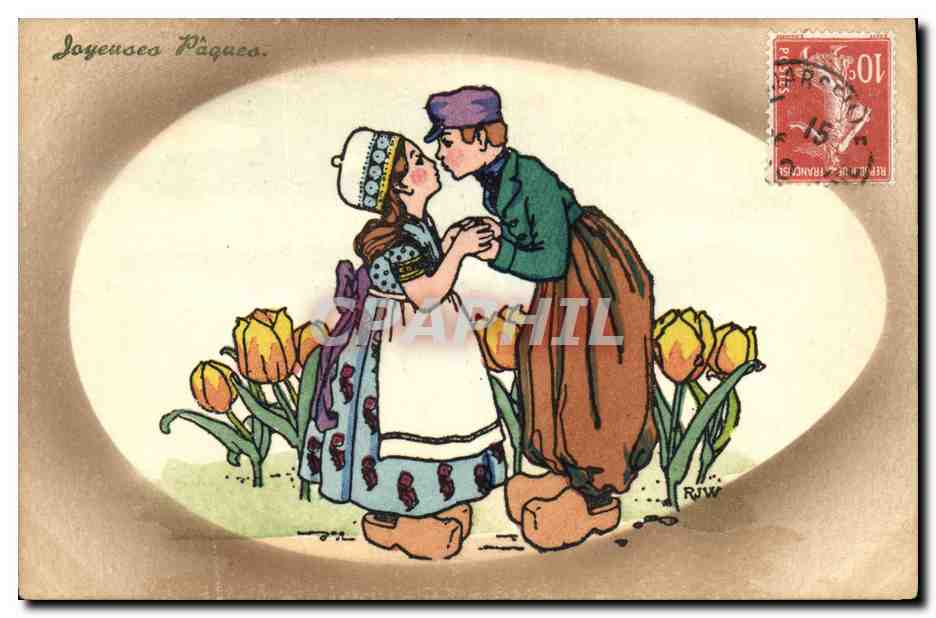 Jeunes amoureux dans un jardin de tulipes — Joyeuses Pâques — éditeur M. M. Vienne, n° 512