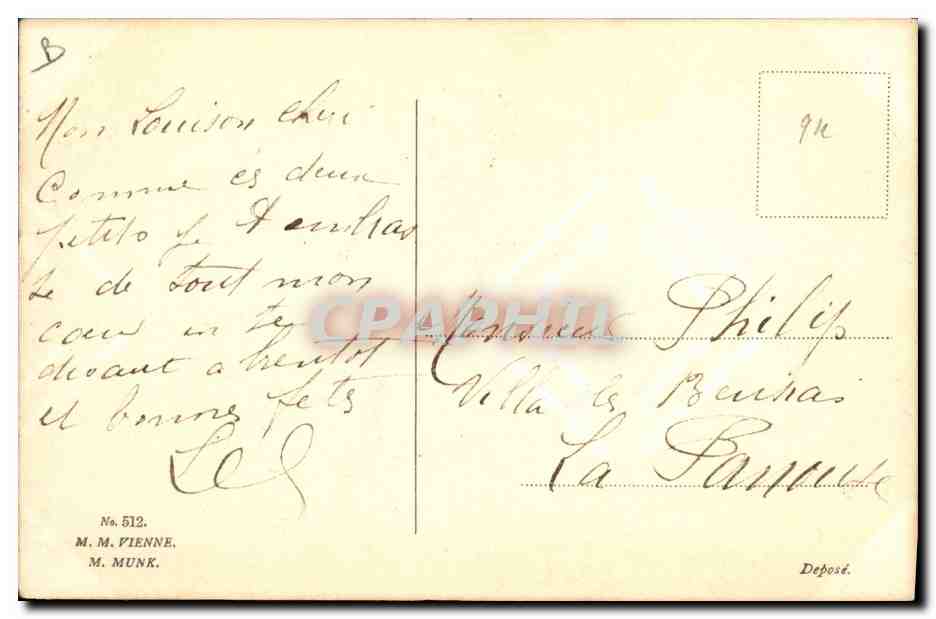 Jeunes amoureux dans un jardin de tulipes — Joyeuses Pâques — éditeur M. M. Vienne, n° 512 — Verso
