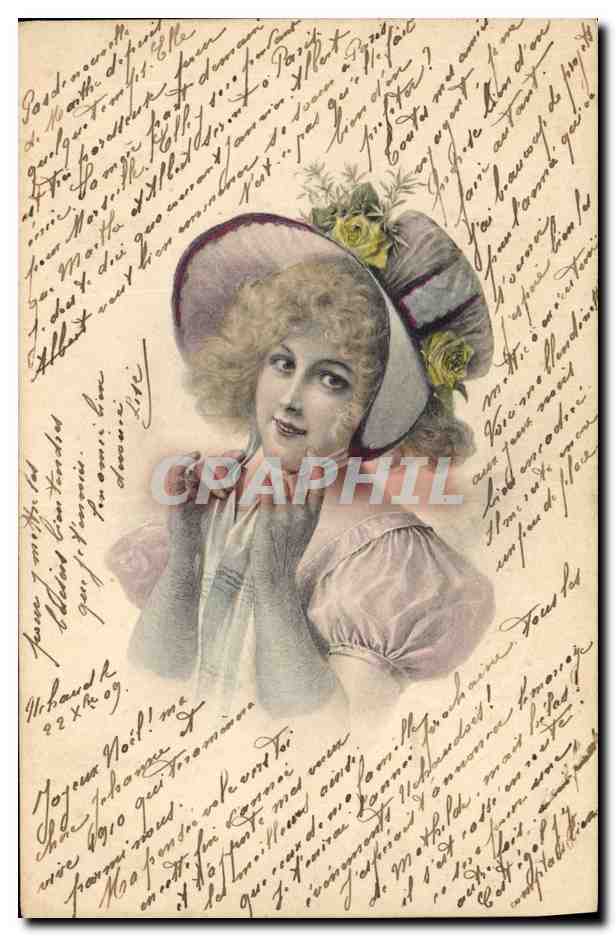Jeune femme en chapeau à fleurs — carte postale illustrée — M. M. VIENNE, Nr. 100