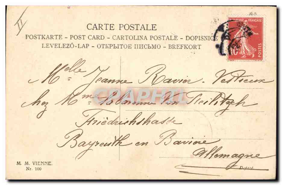 Jeune femme en chapeau à fleurs — carte postale illustrée — M. M. VIENNE, Nr. 100 — Verso