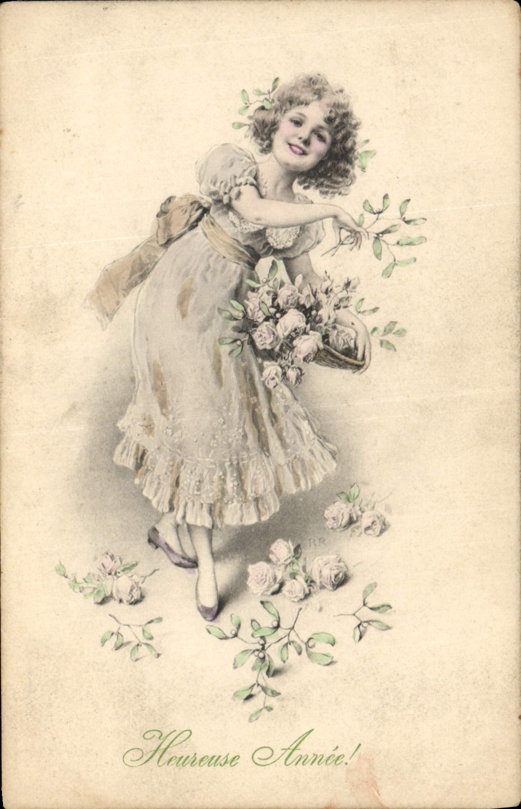 Fille avec bouquet de roses — 'Heureuse Année!' — M. M. VIENNE, Nr. 344