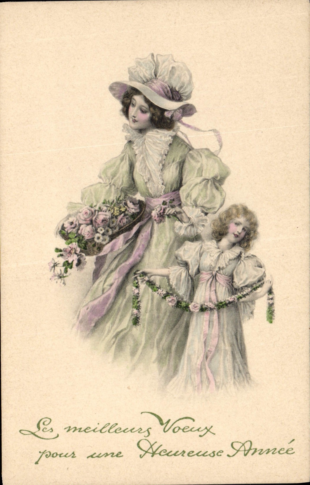 Femme et enfant avec bouquet — Vœux de bonne année — M. M. Vienne, n° 237