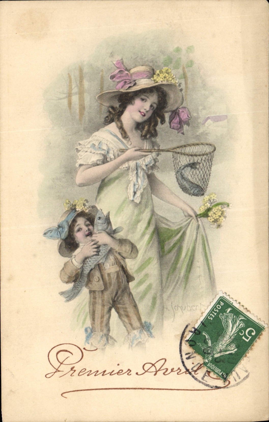 Femme et enfant avec poissons — Premier Avril — M. M. Vienne, n° 319