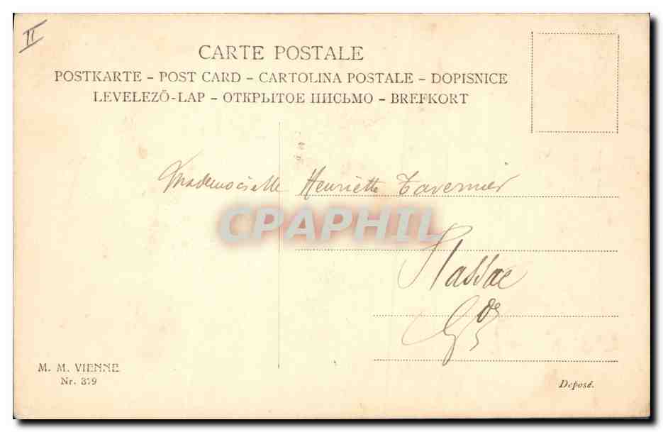 Femme et enfant avec poissons — Premier Avril — M. M. Vienne, n° 319 — Verso