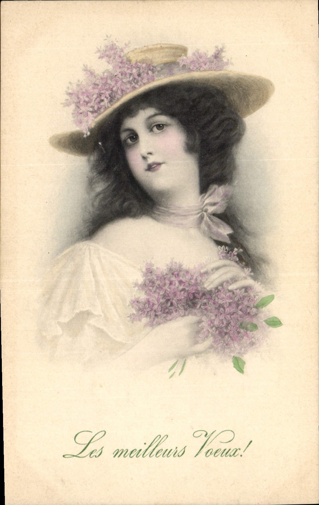 Jeune femme en chapeau de paille orné de lilas — Les meilleurs Voeux! — M. M. VIENNE, Nr. 322