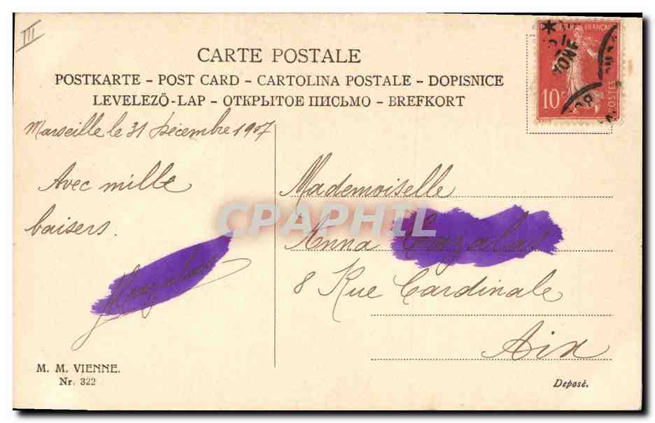 Jeune femme en chapeau de paille orné de lilas — Les meilleurs Voeux! — M. M. VIENNE, Nr. 322 — Verso