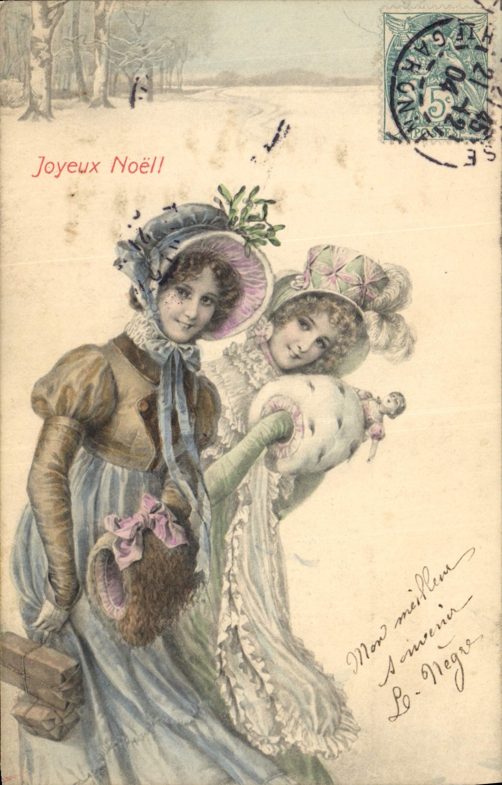 Deux jeunes filles en tenue d'hiver — scène de Noël — éditeur M.M. Vienne, n° 203