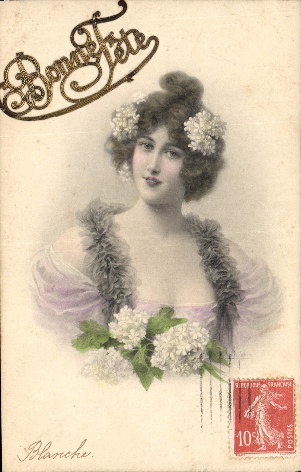 Jeune femme en fleurs — carte de vœux — M. M. VIENNE, M. MUNK, n° 463