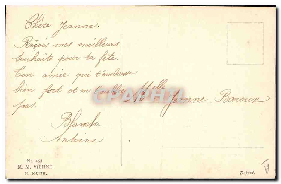 Jeune femme en fleurs — carte de vœux — M. M. VIENNE, M. MUNK, n° 463 — Verso