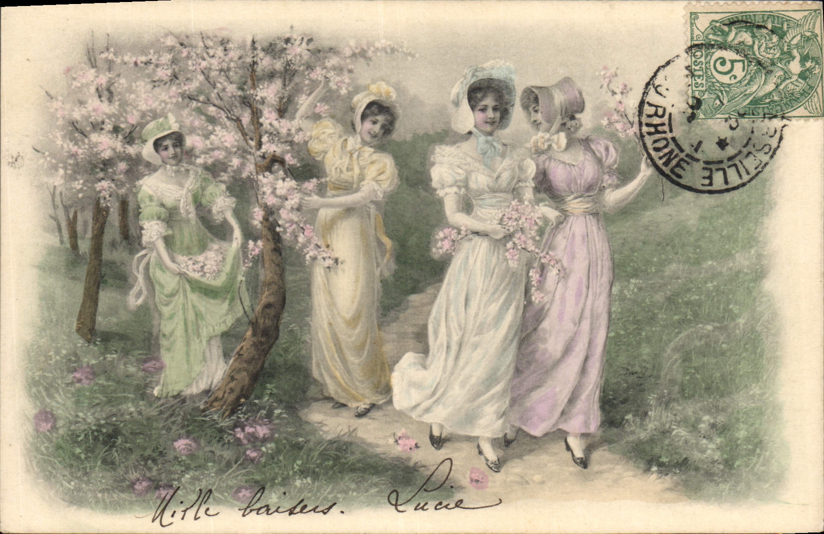 Quatre jeunes femmes sous des cerisiers en fleurs — M. M. Vienne, n° 257