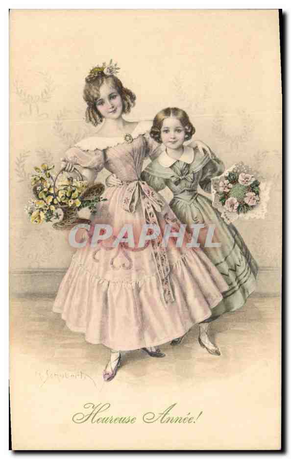 Deux jeunes filles en robes de style victorien — 'Heureuse Année!' — éditeur M. Servant, n° 342