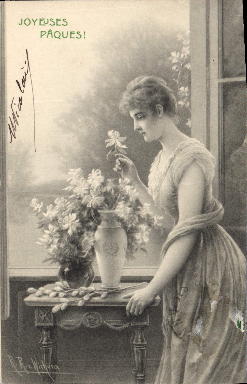 Femme admirant des fleurs — Joyeuses Pâques! — R. R. v. Hiberà, n° 369