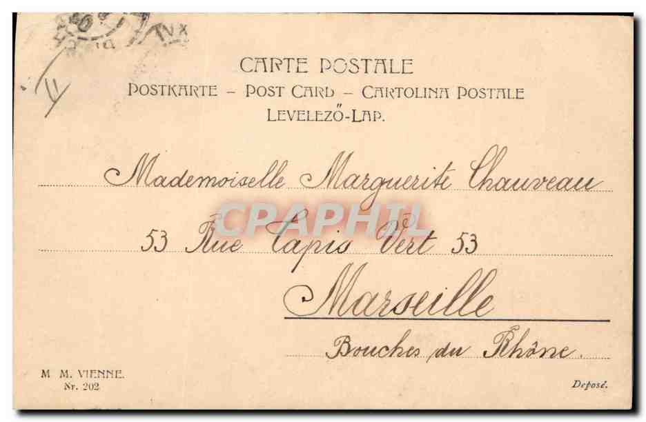 Jeune fille tenant un bouquet — éditeur M. M. Vienne, n° 202 — Verso