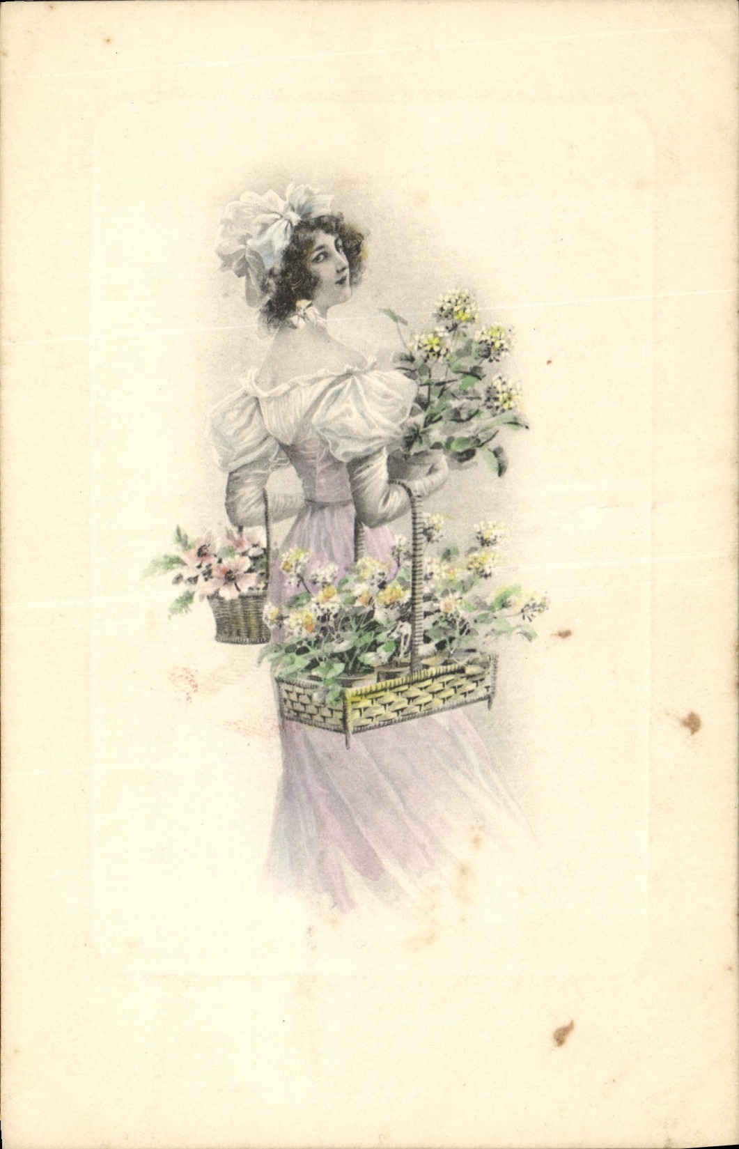 Frau in einem Lilakleid mit Blumenkörben — Verleger M. M. Vienne, Nr. 276