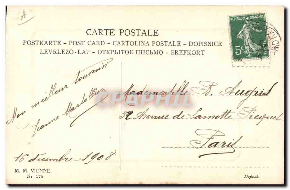 Frau in einem Lilakleid mit Blumenkörben — Verleger M. M. Vienne, Nr. 276 — Rückseite