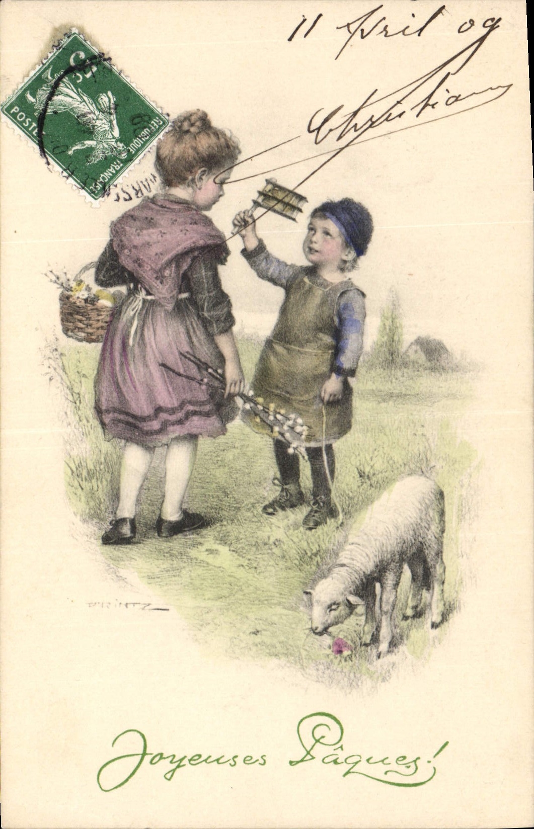 Enfants jouant avec un agneau — Joyeuses Pâques! — M. M. Vienne, n° 433