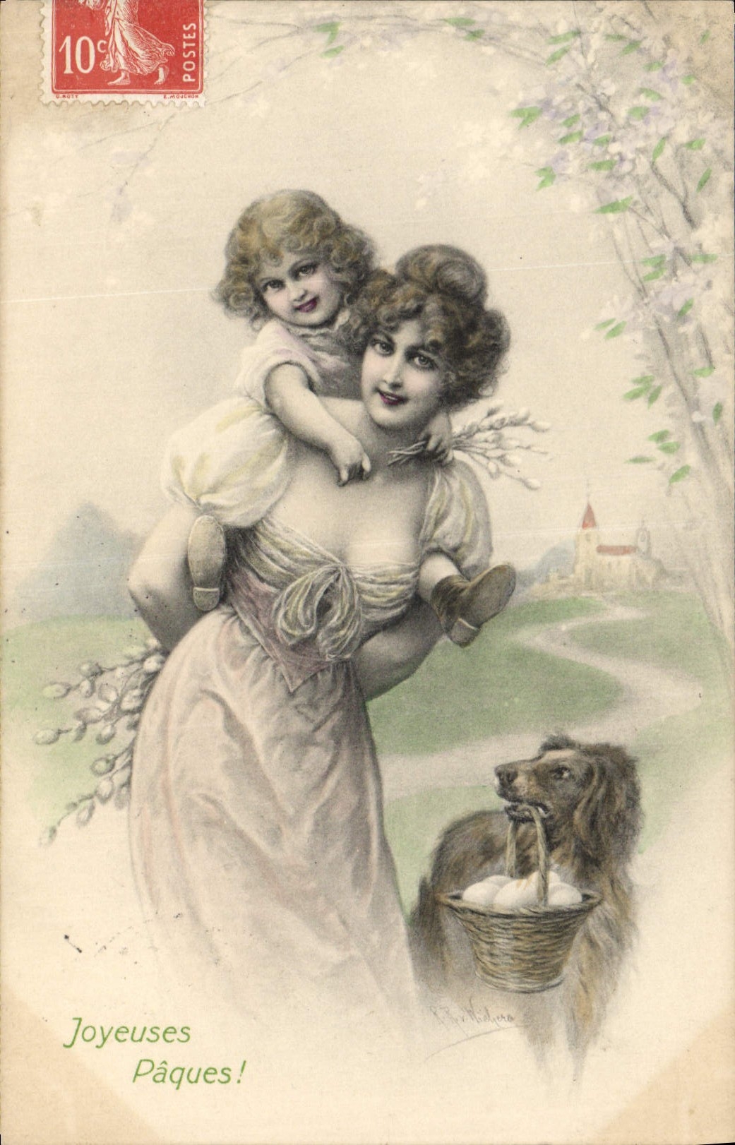 Femme portant un enfant — Pâques — éditeur R. Béthune, n° 300