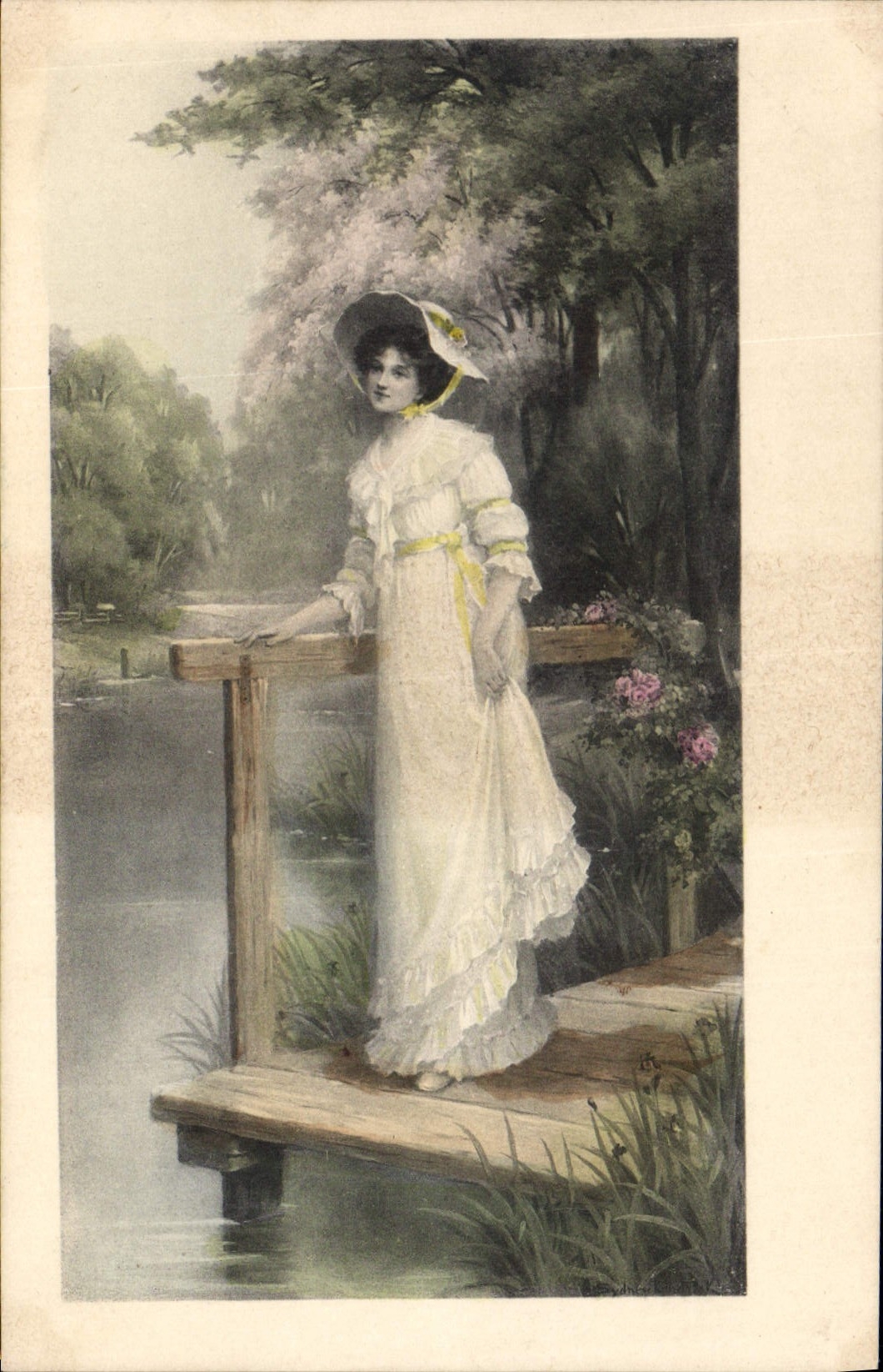 Femme en robe blanche sur un ponton — M. M. VIENNE, n° 275
