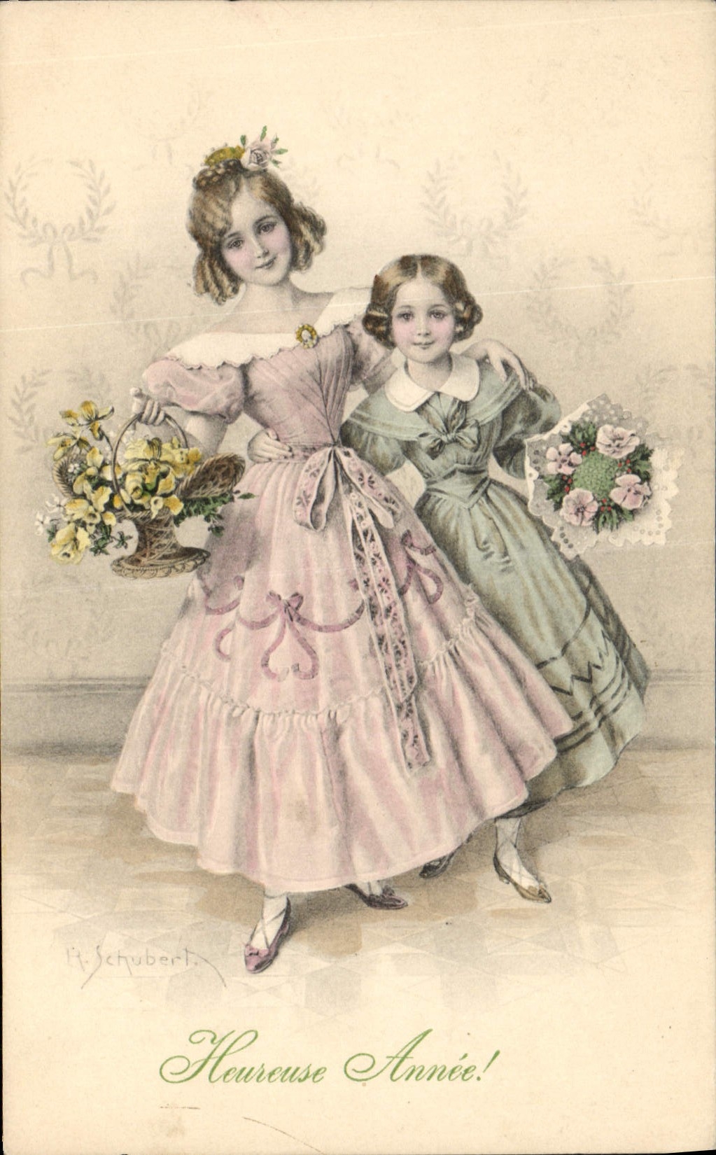 Deux jeunes filles en robes de style victorien — A. Schubert — M. M. Vienne, n° 342