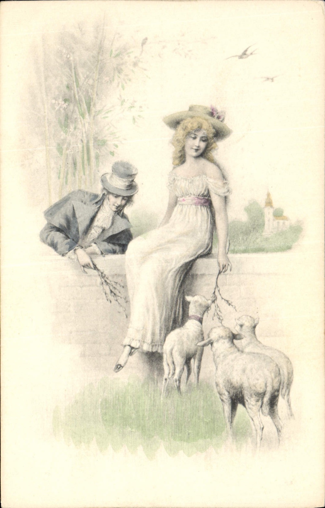 Jeune femme et homme avec moutons — scène pastorale — M. M. Vienne, n° 62