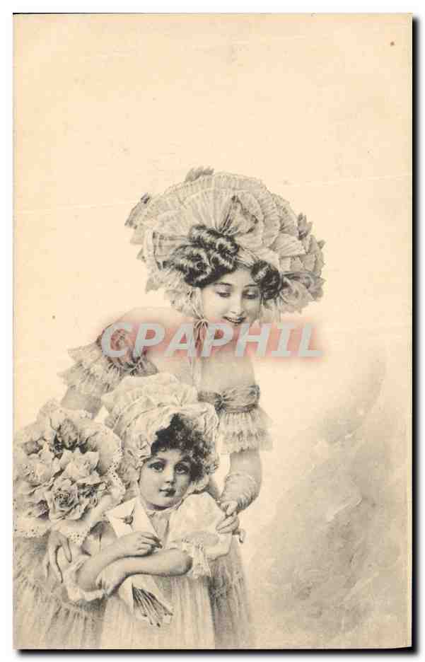 Femme et enfant en tenue de bal — éditeur M. M. Vienne