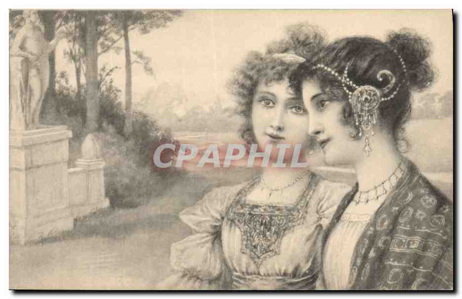 Deux jeunes femmes en tenue d'époque — scène de jardin avec statue — éditeur M. M. Vienne