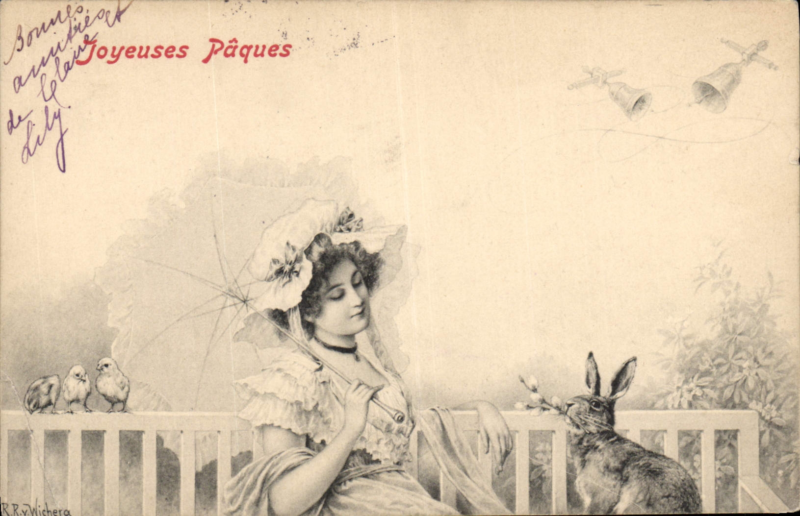 Femme avec lapin et poussins — R. R. Wichera — éditeur non visible