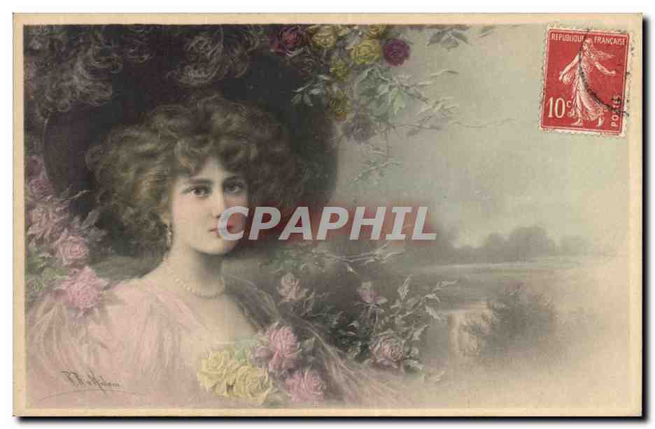 Jeune femme entourée de roses — illustration — éditeur non visible