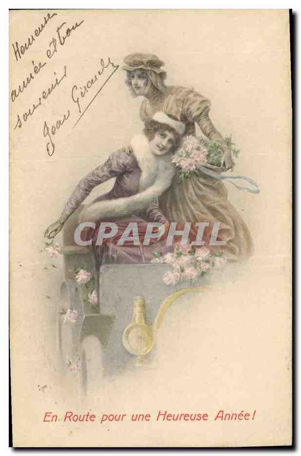Deux femmes dans une voiture décorée de fleurs — En Route pour une Heureuse Année! — M. M. Vienne, Nr. 240