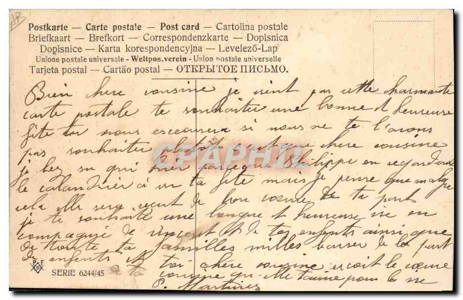 Main tenant une cloche — Félicitations — éditeur Weltpostverein, série 6244/45 — Verso