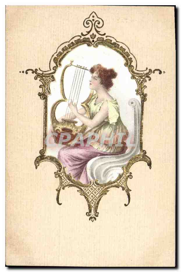 Femme jouant de la harpe — illustration encadrée — éditeur non visible