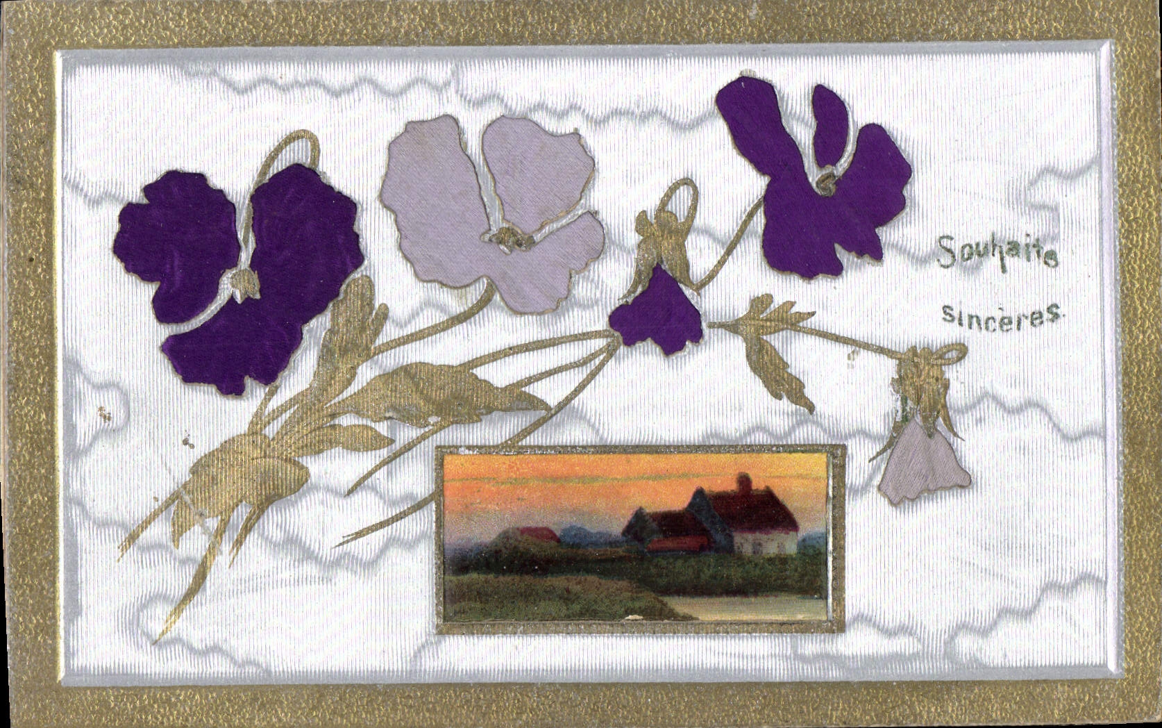Violettes et paysage — Souhaits sincères — Carte postale multilingue