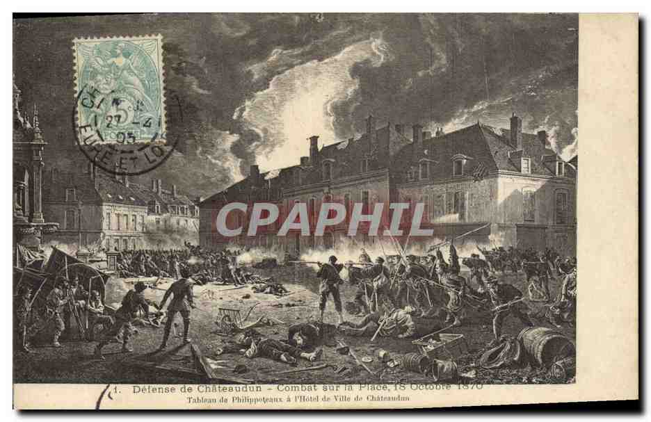 CPA Militaria Defense de Chateaudun Combat sur la place 