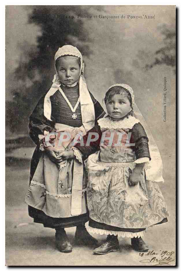 CPA Folklore Fillette et Garconnet de Pont L'Abbe Enfants