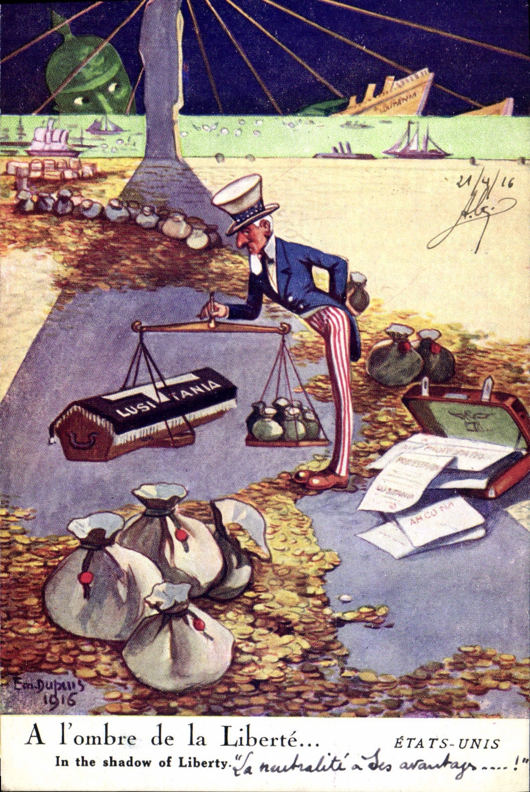 CPA Fantaisie Illustrateur Dupuis A l'ombre de la liberte Statue de la liberte Etats Unis Lusitania